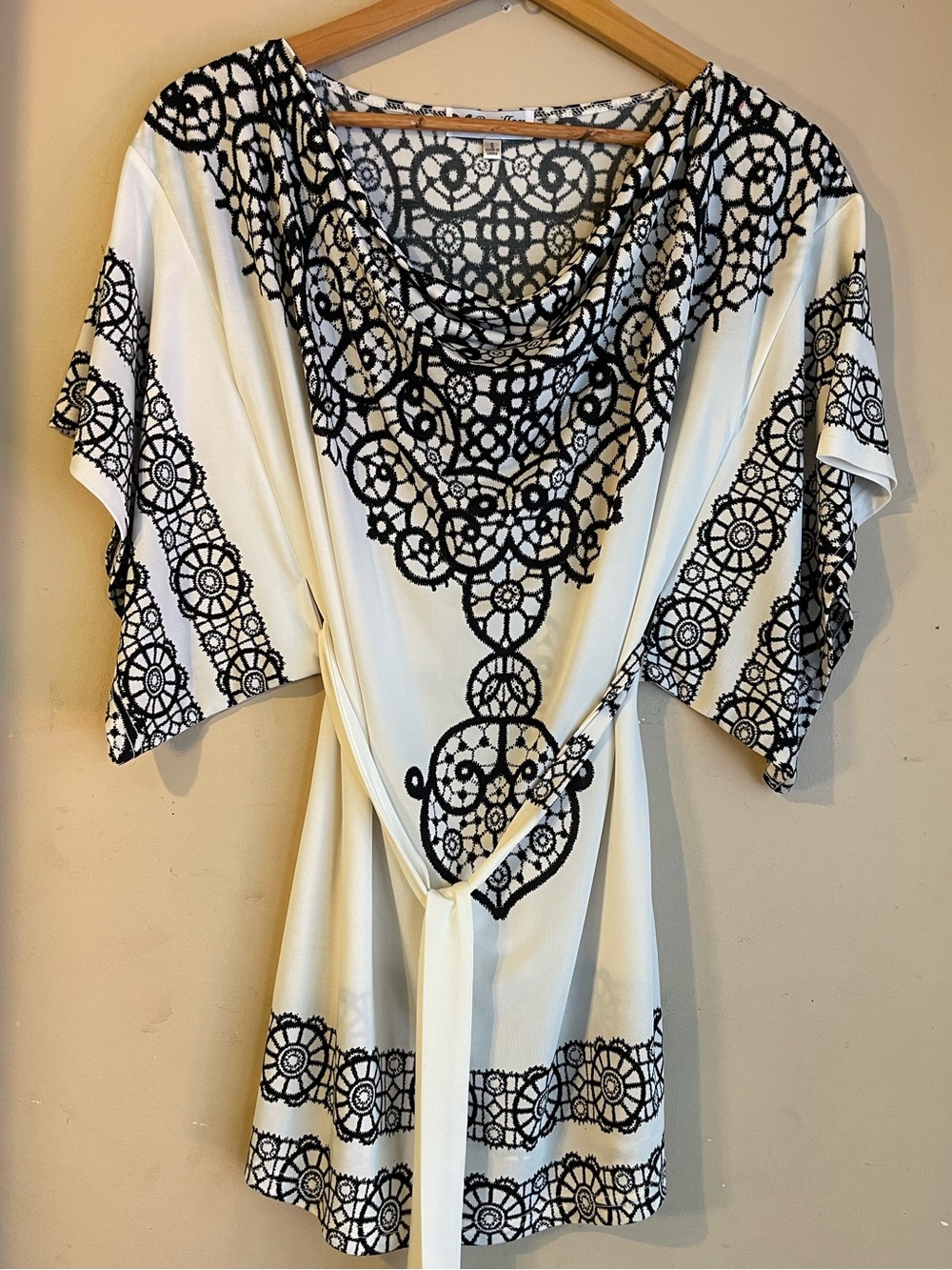 Papillon Black White Graphic Lace Print Belted Kimono Kaftan Mini Dress S